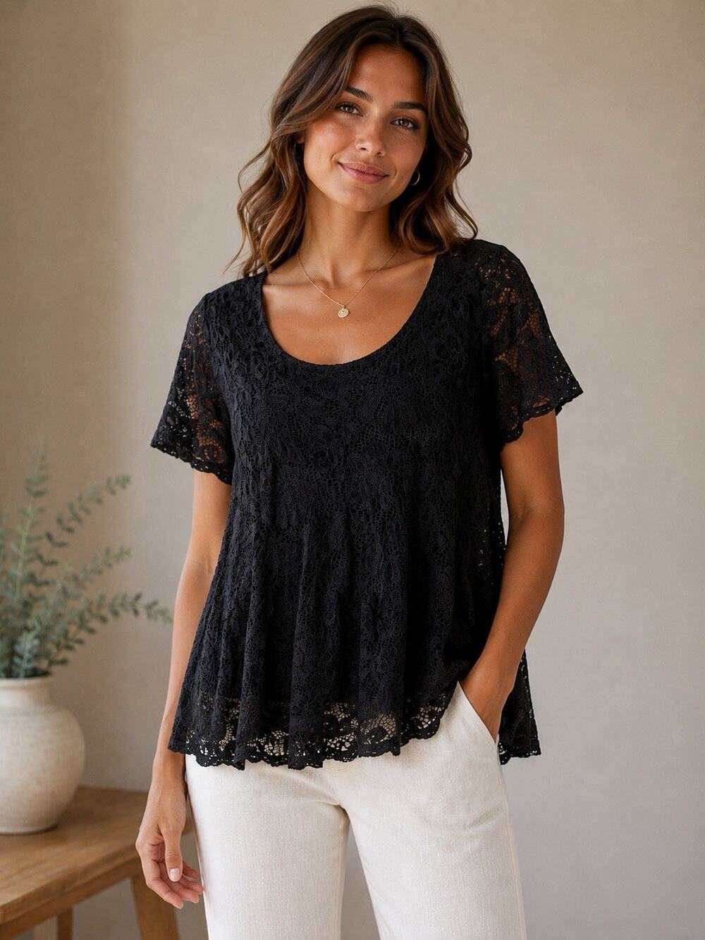 The Pyramid Collection Blouse Womens L Black Lace Sheer Short Sleeve Vintage Top